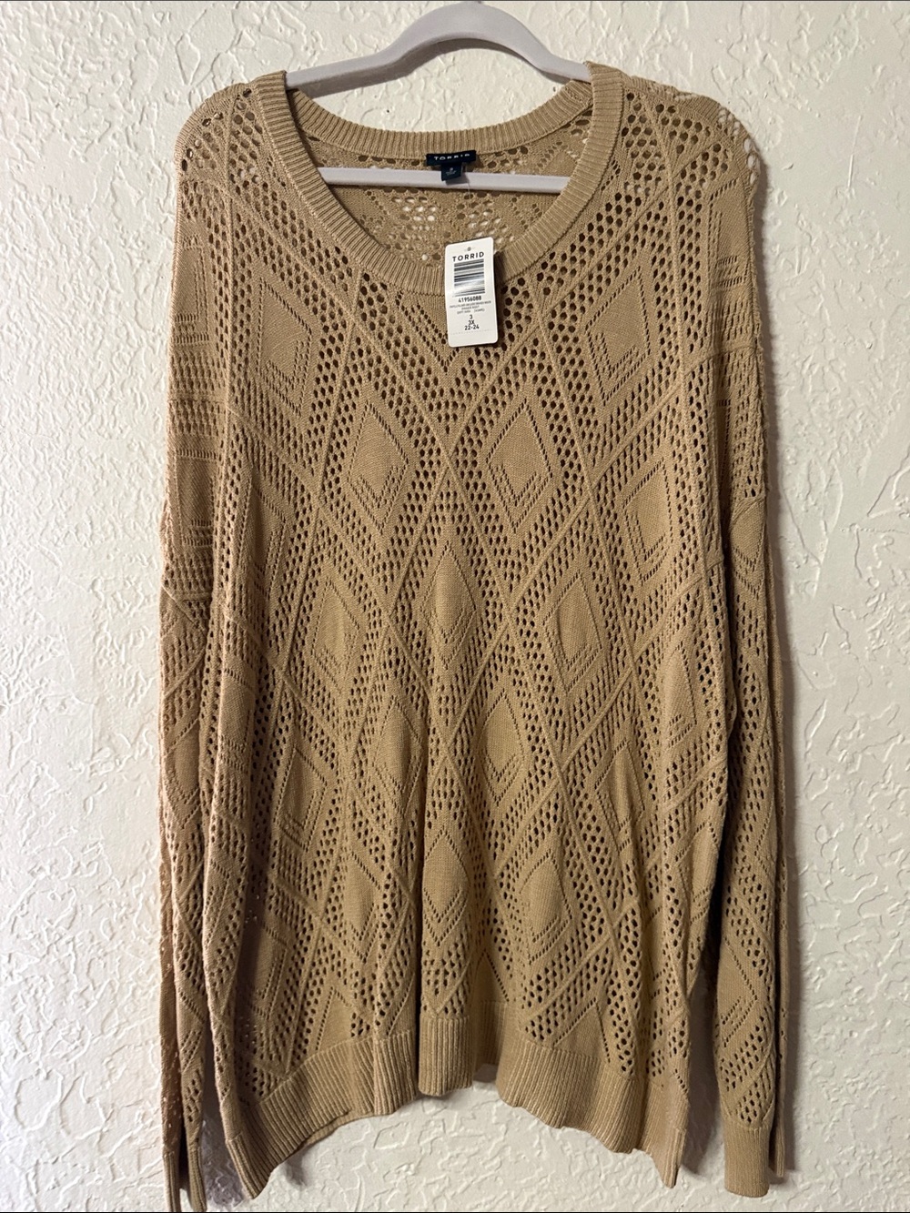torrid Open-Weave Diamond Crew Sweater - Camel/Tan